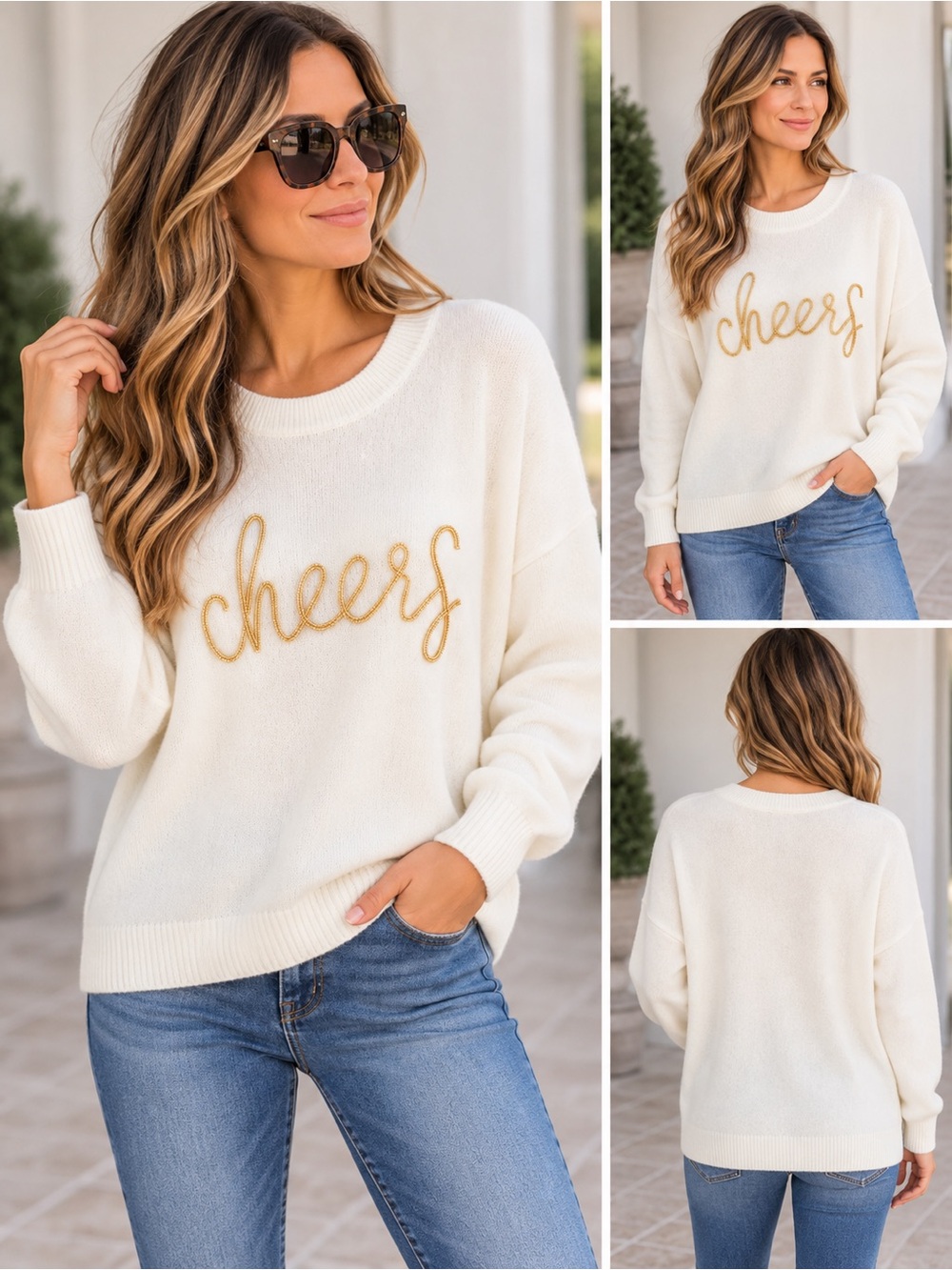 Vince Camuto “Cheers” Creamy White Embellished Relaxed Fit Sweater Women’s S